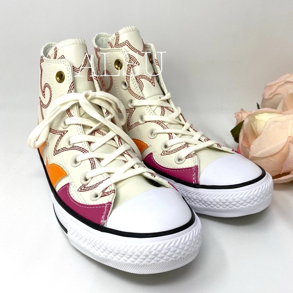 Converse Ctas Leather High Top Egret Red Orange🍊W - Picture 4 of 8